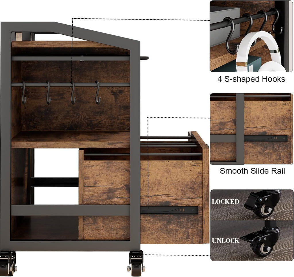 HSH Mobile Lateral File Cabinet with Drawer, Rolling Filing Cabinet with Storage Shelves & Hanging File Folders, Wooden Metal Printer Stand Fits A4 Letter Legal Size for Home Office, Rustic Brown,33In