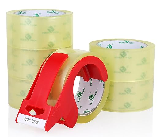 BOMEI PACK 6Rolls Clear Yellowish Packing Tape Refills, 2.4 Mil 1.88 Inch x 60 Yards, Packaging Tape with Dispenser for Moving, Shipping and Storage