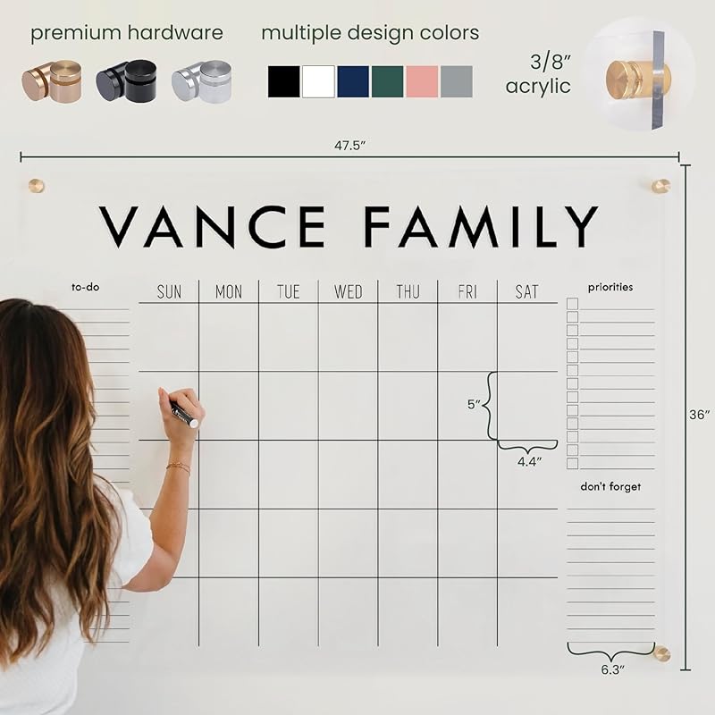 Personalized Clear Acrylic Calendar for Wall, Calendar Whiteboard for Wall, Dry Erase Wall Calendar, Wall Calendar Organizer System for Home (Block, Jade, 47.5"W x 36"H)