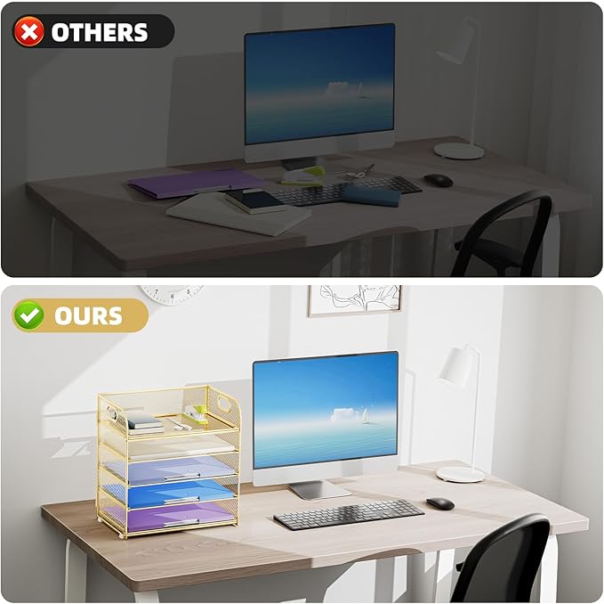 Marbrasse Paper Organizer Letter Tray, 5 Tier Mesh File Organizer with Handle, Paper Sorter Desk Organizer for Home Office Supplies - Gold