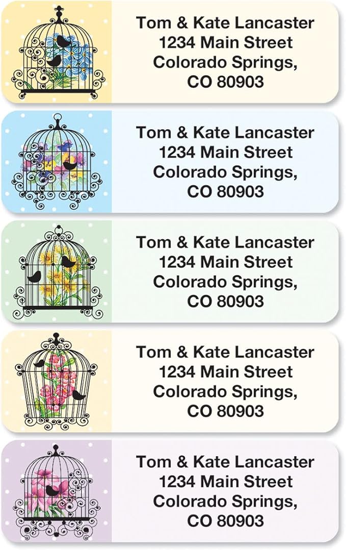 Birdcages Rolled Personalized Return Address Mailing Labels with Dispenser, Set of 500, 5 Designs, Small ¾ x 2½ Inch Size, Custom Self-Adhesive Sticker Roll, by Colorful Images