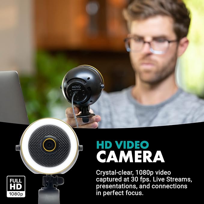 Movo WebMic HD Pro All-in-One Webcam with Microphone and Ring Light- 1080p HD Camera, Pro Cardioid Condenser Microphone, LED Ring Light -HD Webcam for Streaming, Video Conferencing, Recording, Gaming