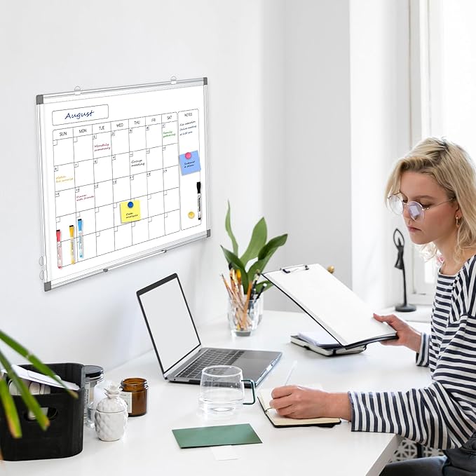Monthly Calendar Dry Erase Whiteboard for Wall, 24" x 18" Magnetic Calendar White Board, Double-Sided Portable Board for Office, Kitchen, School, Home