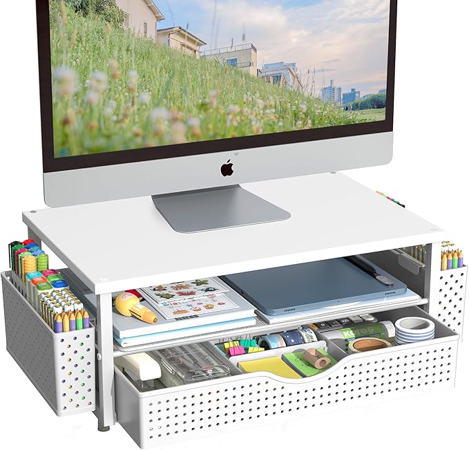 Desk Organizer and Accessories, Computer Monitor Stand Riser with Drawer and 2 Pen Holders, Office Desk Accessories & Workspace Organizers for Office Supplies (White)