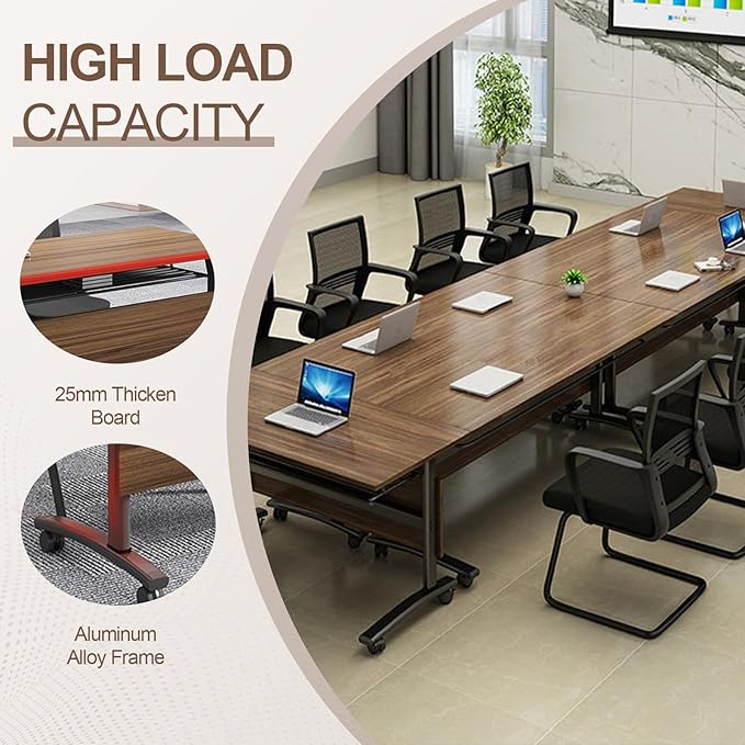 Folding Conference Room Table, Modern Conference Tables with Wheels, Large Rectangular Mobile Training Tables for Office Classroom, Foldable Modular Boardroom Seminar Table Walnut (8pack L70.9in)