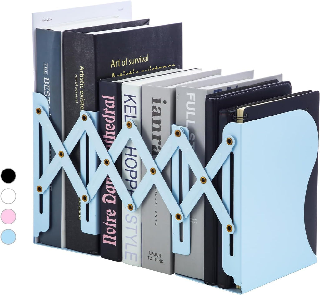 M&G Adjustable Bookends Book Ends for Shelves, Metal Bookend for Heavy Books, Desk Magazine File Organizer Holder Extends up to 20in, Book Stopper for Home, Office, Classroom (Blue)