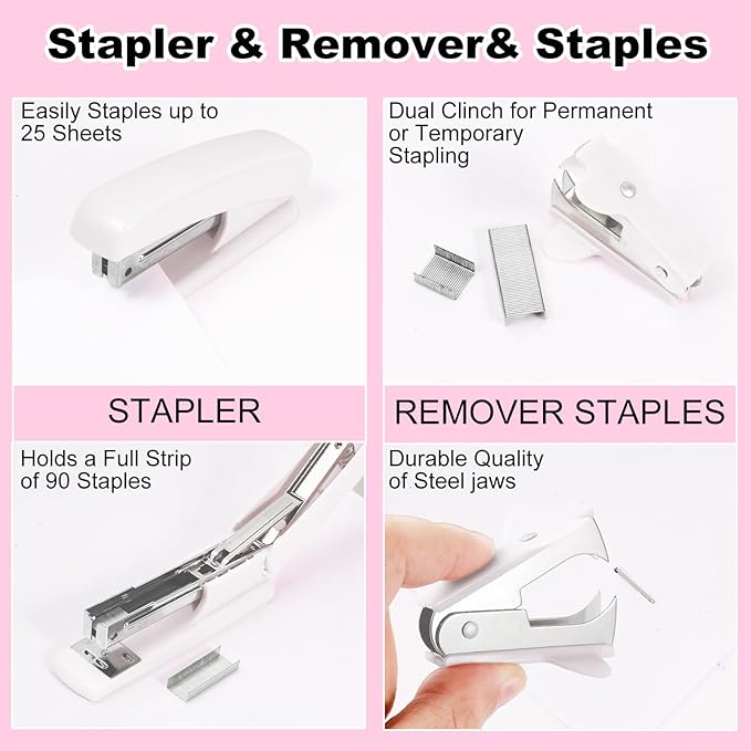 White Desk Organizers and Accessories 10Pcs Set with 360-Degree Rotating Pen Holder, Tape Dispenser, Stapler, Staple Remover, 1000 Staples, Tape, Clips Set, Ruler, Scissor, Pen (White)
