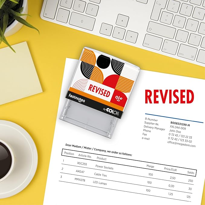 Fastnotes Revised Self-Inking Rubber Stamp by COLOP - Great for Office Documents, Notary, Warehouse, Accounting Paperwork, Business, and Legal Documentation - Red Ink (Revised- Red)