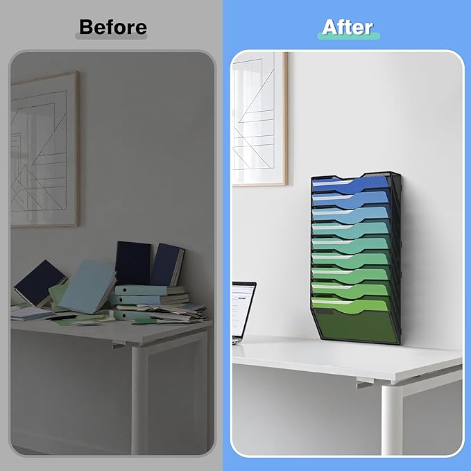 Kuntine.B Wall File Organizer Office Hanging Magazine Holder Wall File Organizer for Office Home (Black, 10 Tier)