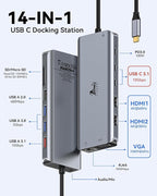 USB C Docking Station Dual Monitor for Laptop, LIONWEI 14-in-1 USB-C Hub with Triple Display, 2 HDMI + VGA, Ethernet, 6 USB A/C 3.0/2.0, PD, SD/TF, Audio, USBC Dock for Surface/HP/Dell/Lenovo/MacBook