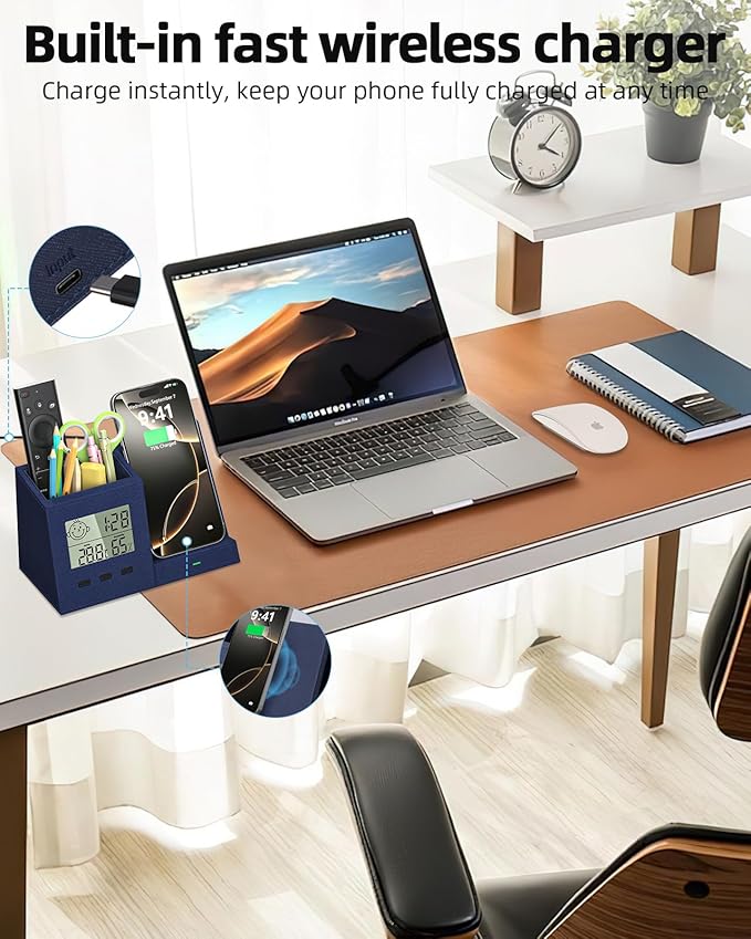 3-in-1 Wireless Charger with Pen Holder, Desk Clocks with Temperature and Humidity, Compatible with iPhone 16/15/14/13/12/11/8Series, Pencil Holder for Desk Home Office, Men Gift Idea Gadget, Blue