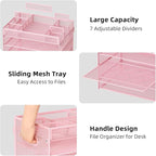 Marbrasse 5-Tier Letter Tray Paper Organizer with Handle, Multi-Functional Mesh File Organizer for Desk, Adjustable Compartments Mesh Desktop Storage for Office Supplies, Pink