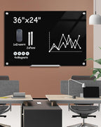 Magnetic Glass Whiteboard，36"x24" Wall Mounted Frameless Dry Erase Board for Office, Home & School Black