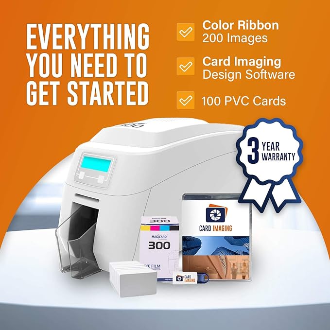 Magicard 300 Dual Sided ID Card Printer & Supplies Bundle Badge Maker Machine (3300-0021)