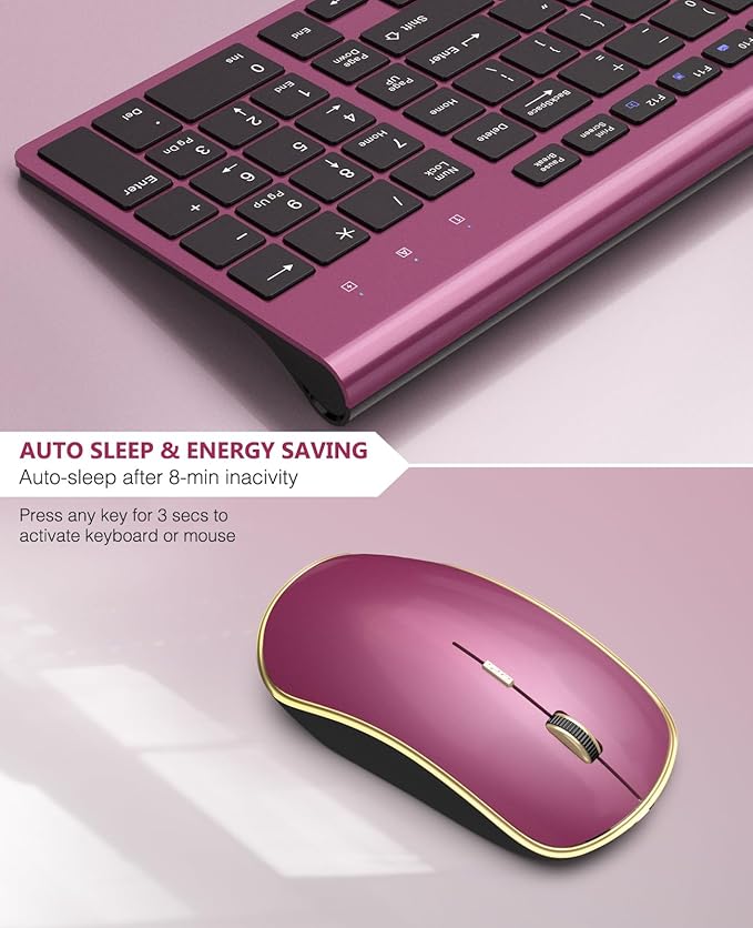 Wireless Keyboard Mouse Combo,J JOYACCESS 2.4G Compact and Ultra Slim Wireless Keyboard and Mouse for Windows, Computer, Desktop, PC, MacBook Air, Laptop-Wine Red