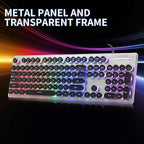 Typewriter Style Keyboard with Metal Panel, Rainbow LED Backlit, Round Keys, Anti-ghosting, Spill Resistant, Light Up USB Wired Retro 104 Keys for Office,Gaming, Black/Silver