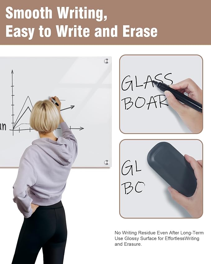 Magnetic Glass Whiteboard，24"x18" Wall Mounted Frameless Dry Erase Board for Office, Home & School Ultra White