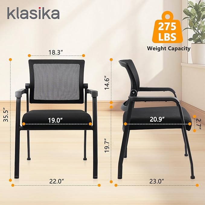 Desk Chair No Wheels with Adjustable Mesh Backrest, Arm Chair with Ergonomic Lumbar Support and Thickened Seats Cushion, Waiting Room Chairs for Office School Church Guest Reception, 2PACK