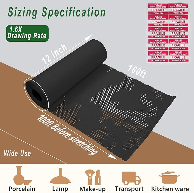 Honeycomb Packing Paper, 12" x 100' Packing Paper Substitute Alternative for Bubble Cushioning Wrap for Moving Shipping Packaging, Recyclable Moving Supplies Bubble Packing Wrap Roll-Black