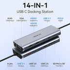 USB C Laptop Docking Station Dual Monitor, 14 in 1 Docking Station 3 Monitors Multiport Adapter with 2 HDMI 4K, VGA, RJ45 Ethernet, 10 Gbps USB C/A, 100W PD, SD/TF, 3.5MM Audio&Mic for Dell HP Lenovo
