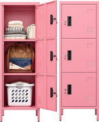 Aobabo 16" W 3 Door Metal Storage Locker with Lock, 47" H Steel Locker with Name Card Holder and Metal Leg for School, Home, Office, Playroom, Assembly Required, Pink