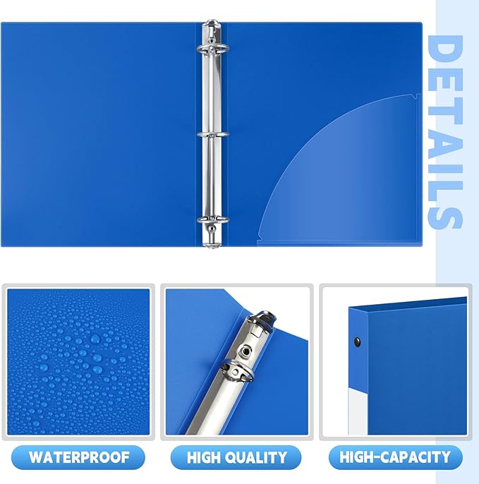 Henoyso 8 Pcs 3 Ring Binder 1/2'' Round Fits Letter Size 8. 5'' x 11'' Paper Plastic Flexible Binder Holds 100 Sheets with 1 Pockets Versatile Organizer for Office Home School (Blue)