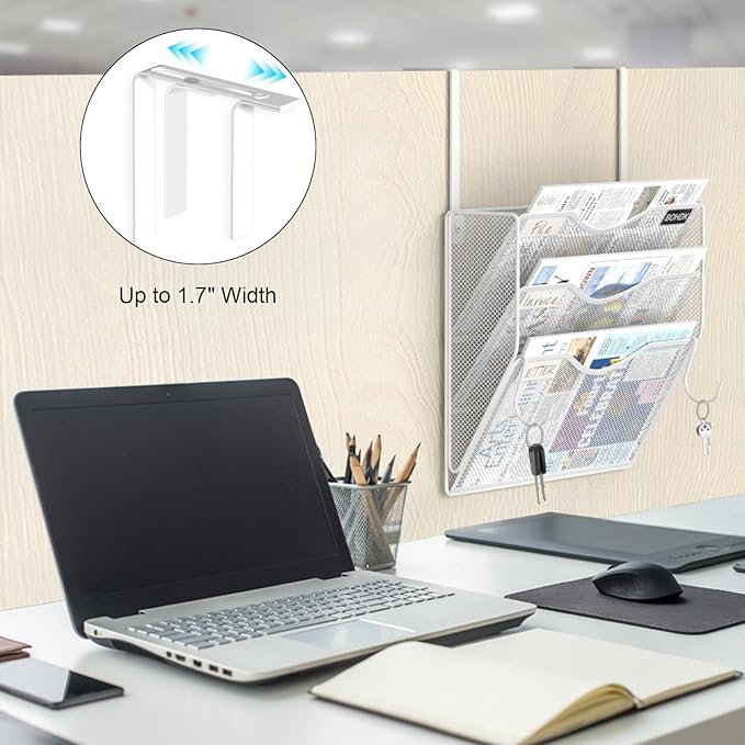 Wall File Organizer, 3 Tire Hanging File Folder Mail Organizer, Vertical Mesh Metal Door/Wall Mount Hanging File Organizer, Paper Document Magazine Rack with Hooks for Home Office White
