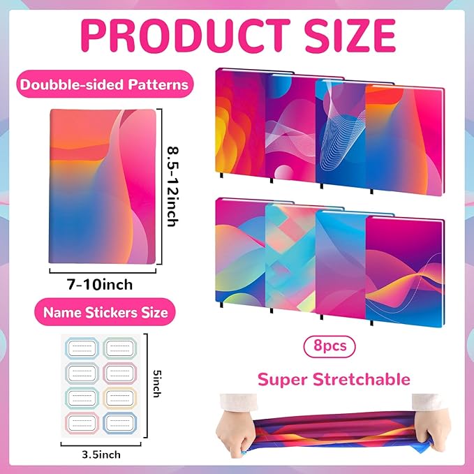 Jumbo Book Covers 8 Pack Reusable Fabric Book Cover Protective Books Covers 9 x 11 Inch Neon Stretchable Books Sleeve Cover with Label Sticker for Most Hardcover Textbooks Up to 10 x 12.5 Inch