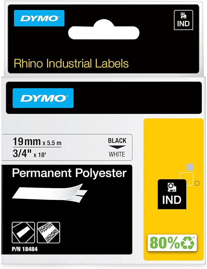 DYMO Rhino Industrial Permanent Polyester Labels, 3/4", Black Print on White Tape