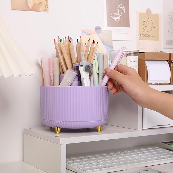 SKYDUE 360 Rotating Purple Pen & Art Supply Organizer - 5 Slot Desk Organizer for Office, School, Home