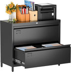 Metal 2 Drawer Lateral File Cabinet with Lock & Adjustable Feet - Wide Filing Cabinet for Letter/Legal/F4/A4 Hanging Files - Includes Business Card Holder,Home Office School Storage,Black