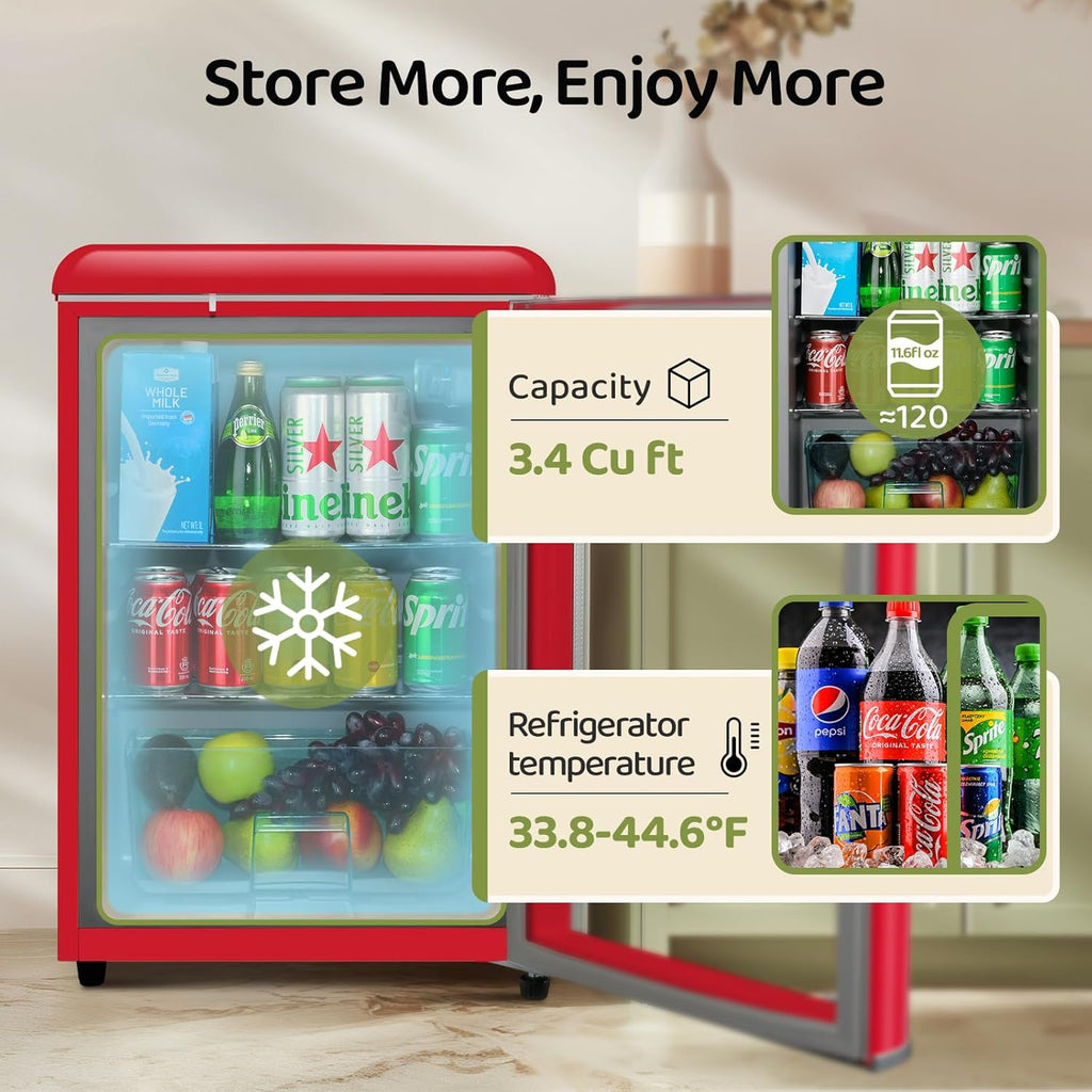 3.4 Cu.Ft Retro Small Beverage Refrigerator Cooler with Double Tempered Glass Door, 120 Can Wine Drink Beer Mini Fridge for Office Bedroom Bar with 7 Temperatures, Adjustable Shelves, Red