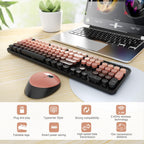Wireless Keyboard and Mouse Combo, Ergonomic Full Size Typewriter Retro Round Keycaps Keyboard, Compatible with Windows, PC, Perfer for Home and Office Keyboards (Aurora Red)