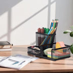 Comix Mesh Pen Pencil Holder Desk Organizer, 3 Compartment Wire Desktop Pen Pencil Cup Caddy Office Supplies Desk Accessories for Home Office School, Black