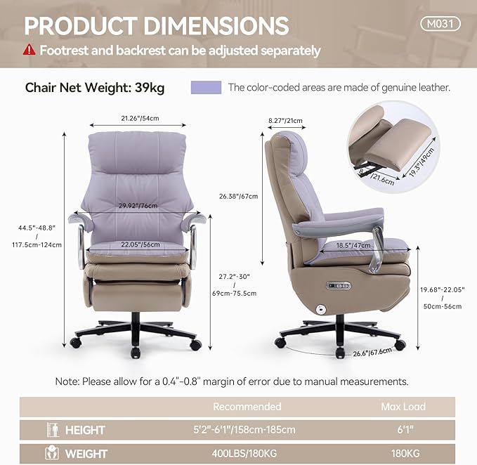 Dual Motor Electric Genuine Leather Executive Office Chair with Foot Rest, Comfortable Reclining Office Chair with Massage, Big and Tall High Back Comfy Ergonomic Home Office Desk Chairs 400lbs, Khaki