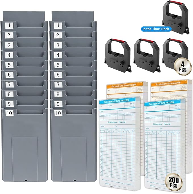 Time Clock Bundle for Small Business, Passcode Time Clock Punch Machine with 200 Time Cards, 4 Ink Ribbons, 2 Ten-Slot Time Card Racks, Auto-Align Clock in Machine for Employees