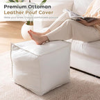 Unstuffed Pouf Ottoman Cover, 17.7x17.7 inch Faux Leather Moroccan Poofy Ottomans Cover, footrest Square White Footstool with Storage Waterproof Easy Cleaning for Living Room (Only Cover No Filler)