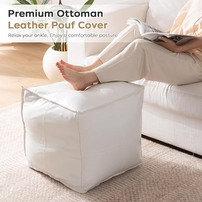 Unstuffed Pouf Ottoman Cover, 17.7x17.7 inch Faux Leather Moroccan Poofy Ottomans Cover, footrest Square White Footstool with Storage Waterproof Easy Cleaning for Living Room (Only Cover No Filler)