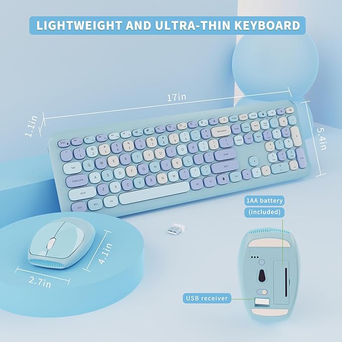 Wireless Keyboard and Mouse Combo, Colorful Ergonomic Full Size Retro Low-Noise Keyboard with Cute keycaps, Compatible with Windows, PC, Perfer for Home and Office Keyboards (Blue)