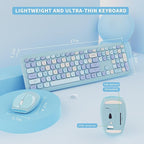Wireless Keyboard and Mouse Combo, Colorful Ergonomic Full Size Retro Low-Noise Keyboard with Cute keycaps, Compatible with Windows, PC, Perfer for Home and Office Keyboards (Blue)