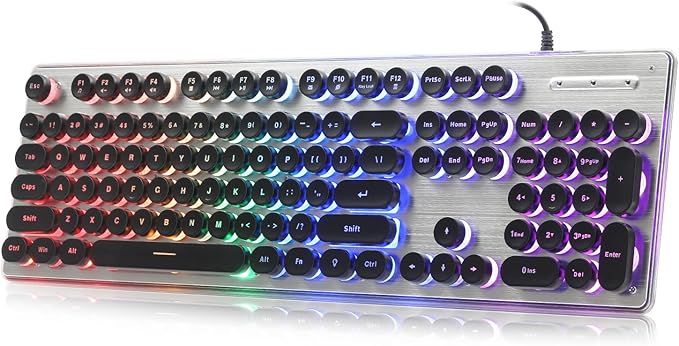 Typewriter Style Keyboard with Metal Panel, Rainbow LED Backlit, Round Keys, Anti-ghosting, Spill Resistant, Light Up USB Wired Retro 104 Keys for Office,Gaming, Black/Silver