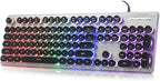 Typewriter Style Keyboard with Metal Panel, Rainbow LED Backlit, Round Keys, Anti-ghosting, Spill Resistant, Light Up USB Wired Retro 104 Keys for Office,Gaming, Black/Silver