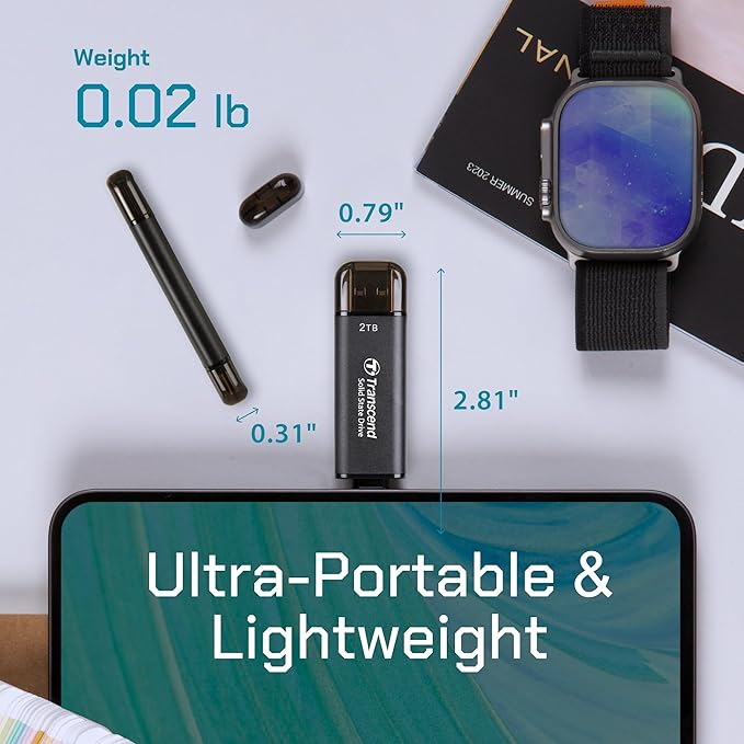 Transcend 2TB External SSD, Up to 1,050MB/s, Dual USB Hard Drive for Tesla, iPhone15,16&iPad&Mac, Steam Deck/ROG Ally/MSI Claw/Windows/Android/PS5/Smart TV, 2-in-1 Type C &A, USB 3.2 Gen2 Portable SSD