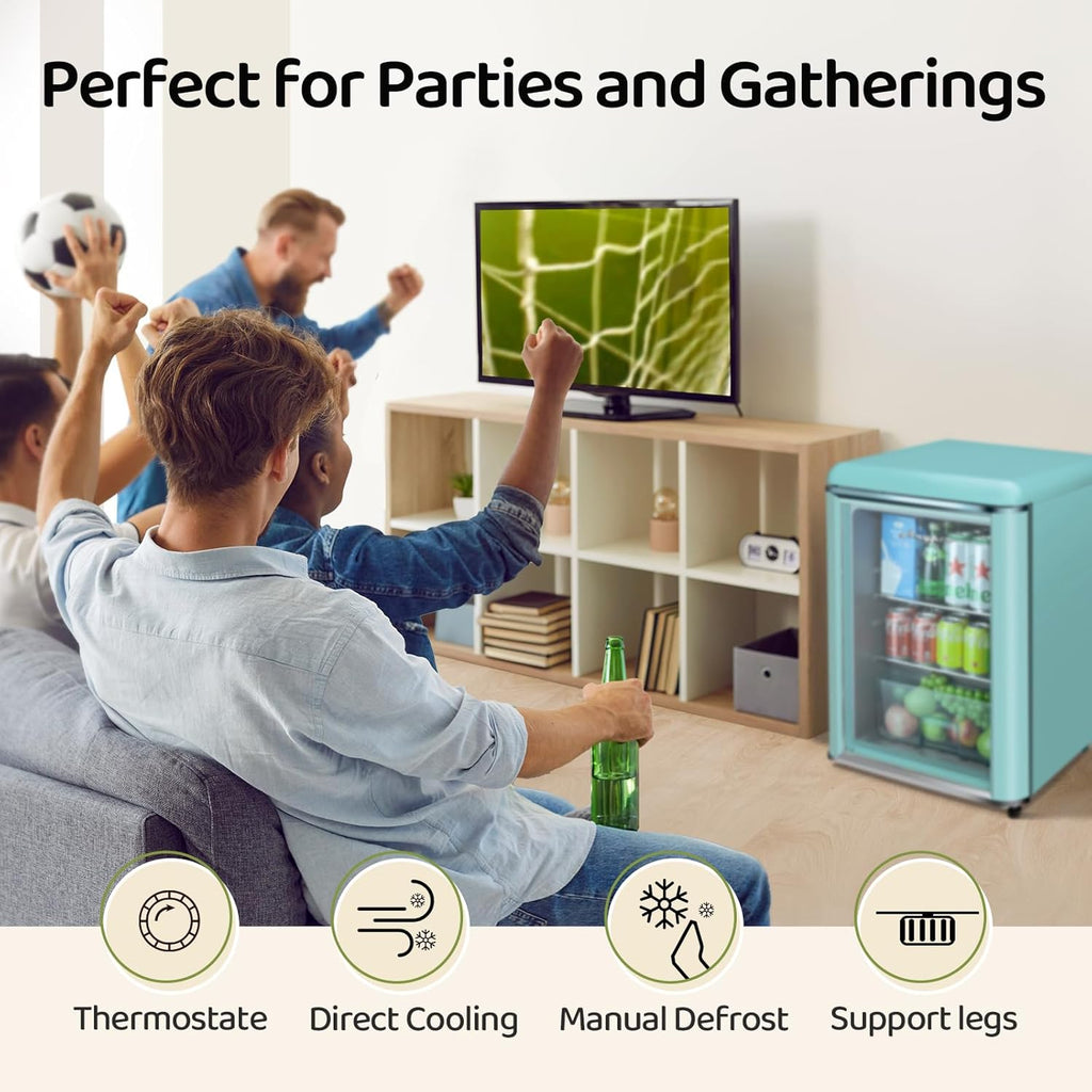 3.4 Cu.Ft Retro Small Beverage Refrigerator Cooler with Double Tempered Glass Door, 120 Can Wine Drink Beer Mini Fridge for Office Bedroom Bar with 7 Temperatures, Adjustable Shelves, Blue