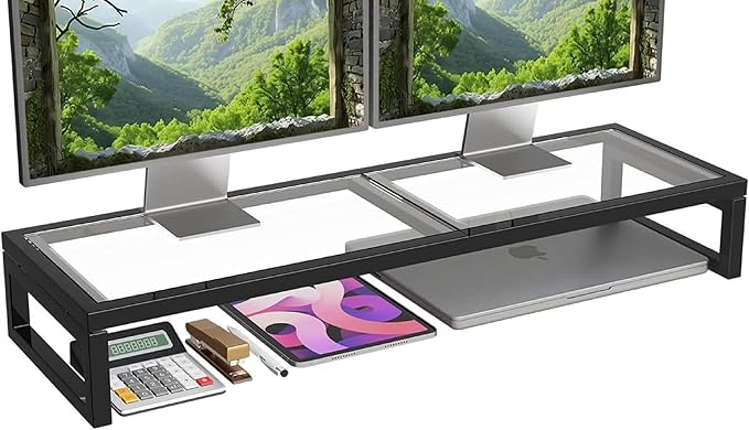 Simple Trending Dual Monitor Stand Riser, Tempered Glass Computer Desk Organizer with Mouse Pad for Laptop, iMac, TV, Black