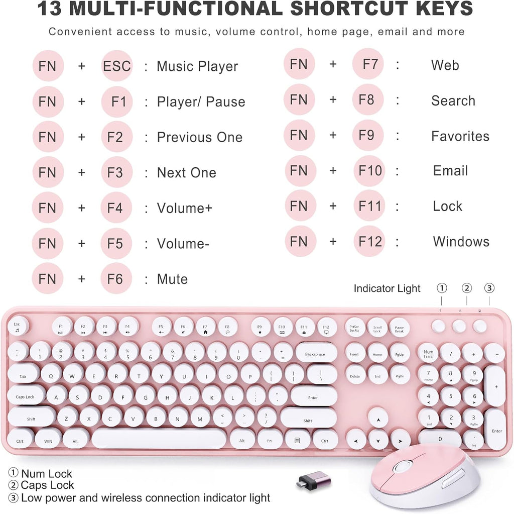 Wireless Keyboard and Mouse Combo, Ergonomic Full Size Typewriter Retro Round Keycaps Keyboard, Compatible with Windows, PC, Perfer for Home and Office Keyboards (Lovely Pink)
