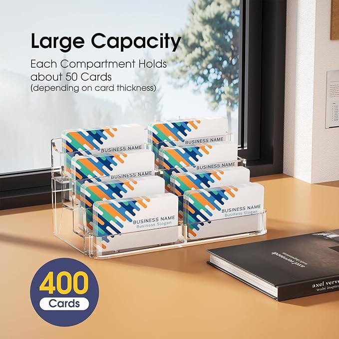 MaxGear Acrylic Business Card Holder for Desk Multiple Business Card Holders, Premium Cards Stand, Clear Plastic Cards Display Holder with 4 Tier for Exhibition, Home and Office, 8 Pocket, 2 Pack
