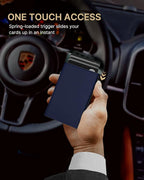typecase Mens Wallet Card Holder: Pop Up Aluminum Case, Premium Genuine Leather, Smart, RFID Blocking, Slim, Minimalist, Front Pocket - 9-14 Card Capacity | ID Window | Cash Slot (Navy)