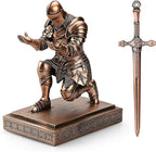 Medieval Armored Warrior Knight Pen Holder Desk Organizers and Accessories Resin Pencil Holder Paperweight as Gift with a Cool Letter Opener for Desk (Copper)