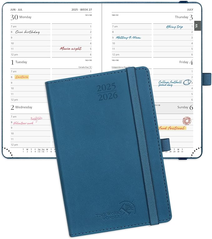 POPRUN Pocket Planner 2025-2026 (Purse Size 4'' x 6.25'') Academic Small Calendar (July 2025 - June 2026) with Hourly Time Slots, 100GSM Thick Papers, Leather Soft Cover - Night Sky Blue